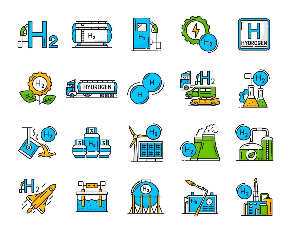 Hydrogen gas renewable energy plant color icon set vector