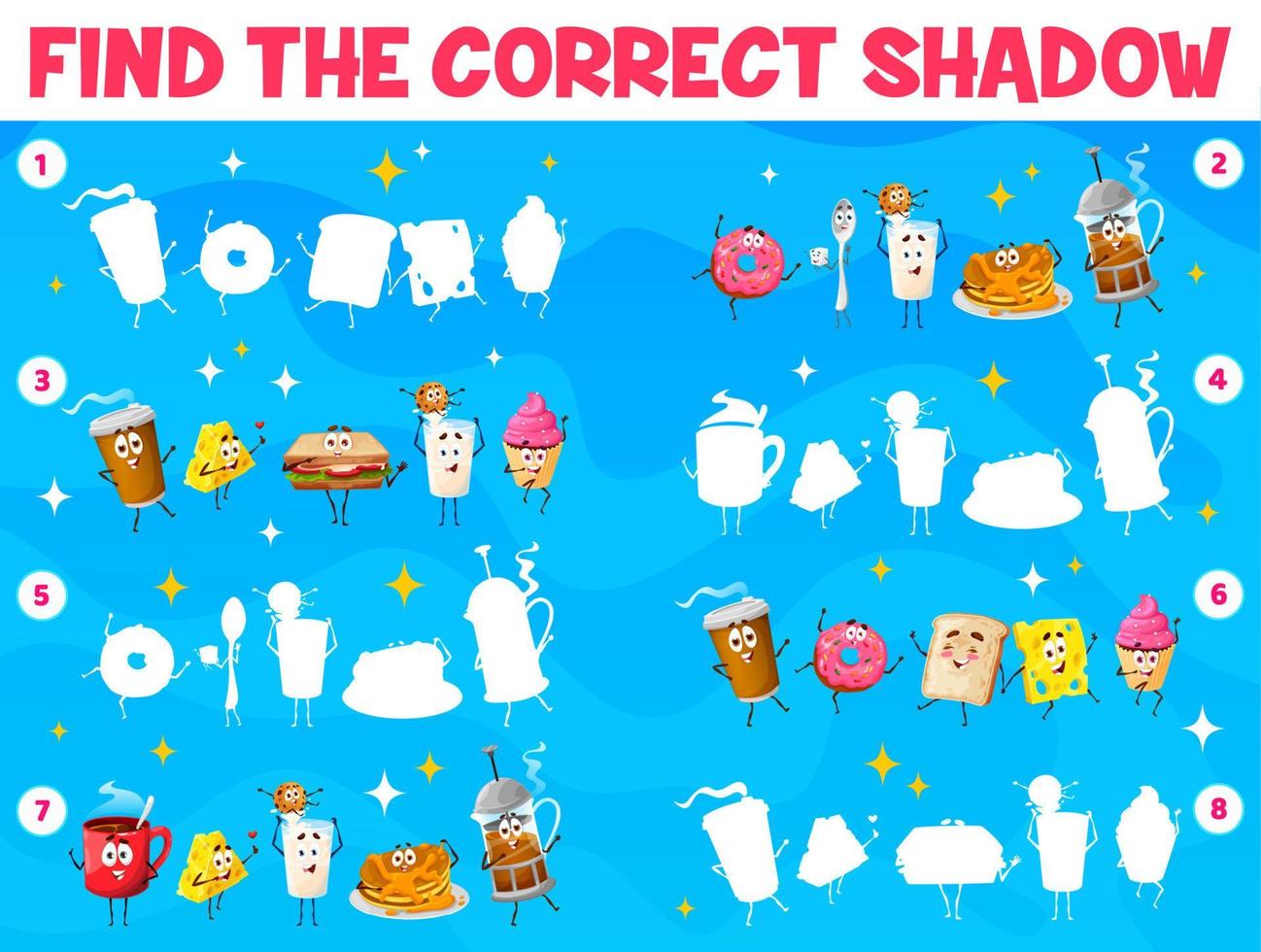 Find correct shadow of cartoon breakfast character vector