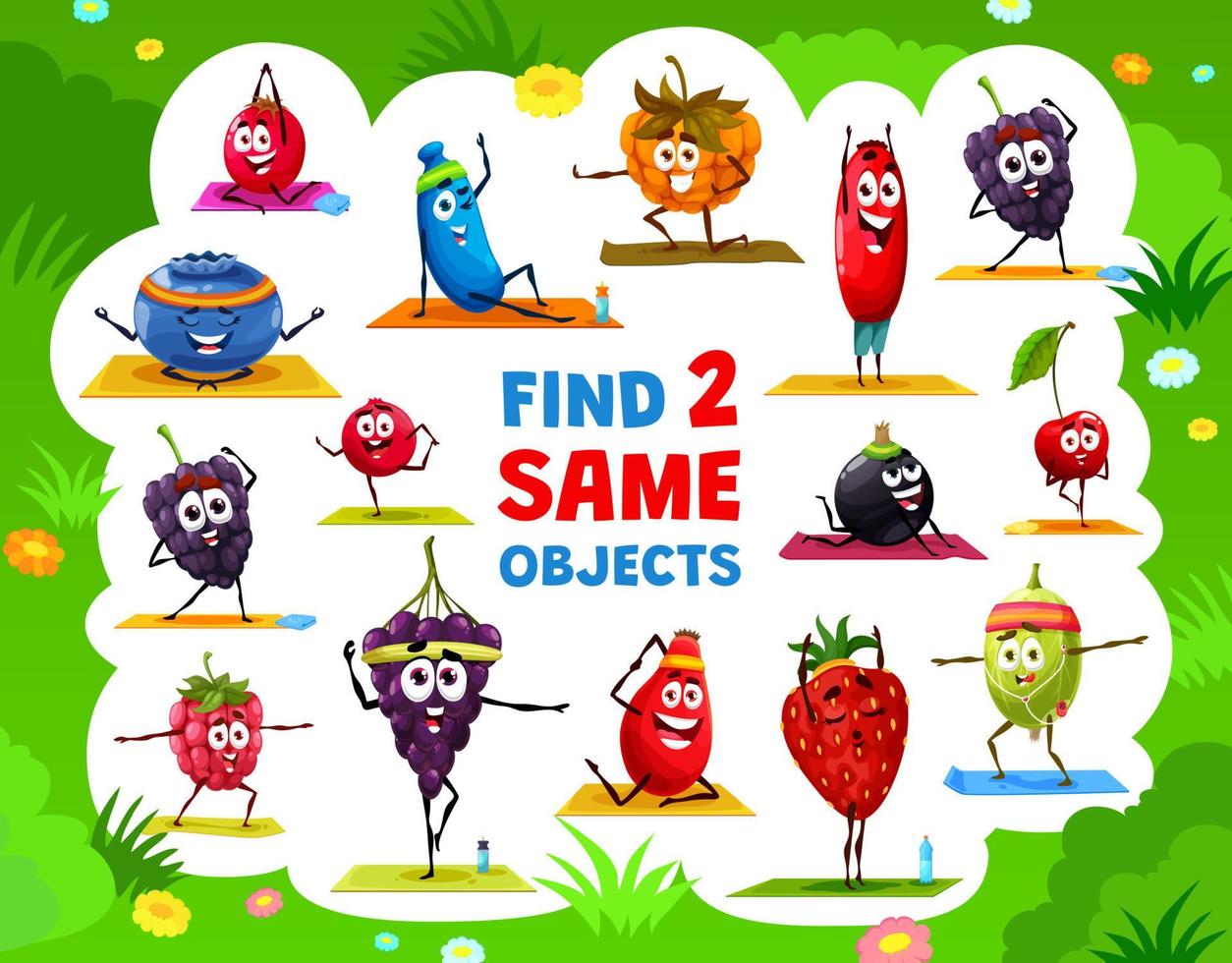 Cartoon berry character on yoga find two same game vector