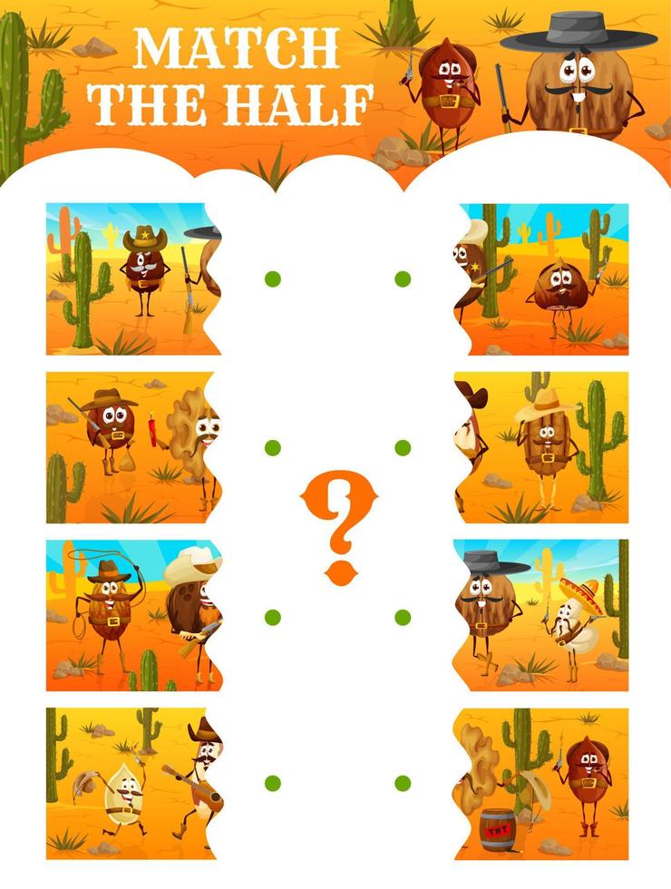 Match half of cartoon cowboy nut characters vector