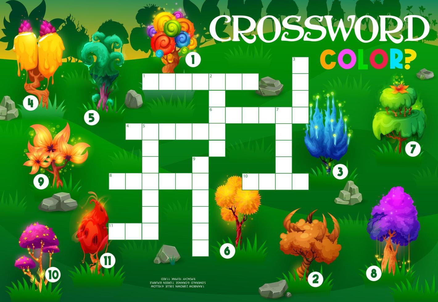 Crossword quiz game grid, find color of magic tree vector