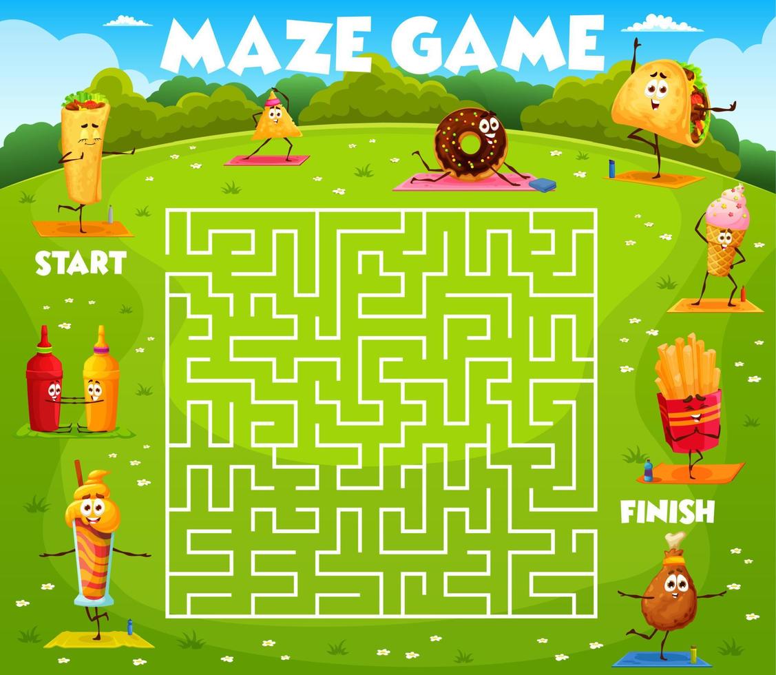 Labyrinth maze with fast food characters on yoga vector