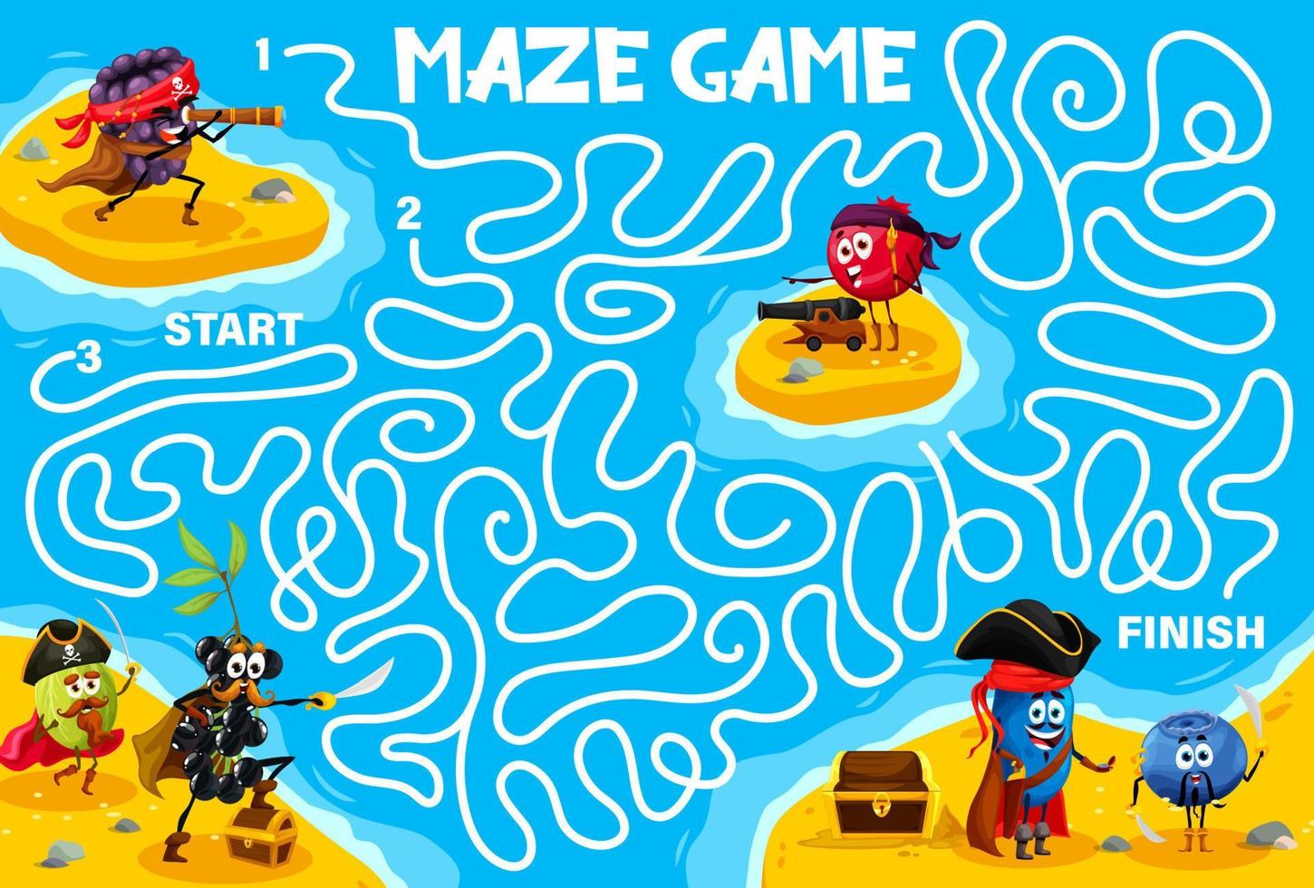 Labyrinth maze game, help to cartoon berry pirates vector