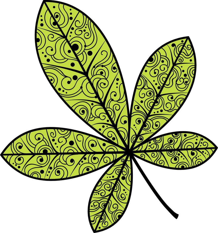 Vector illustration of a chestnut leaf.Autumn illustration of a leaf with an ornament.An idea for a logo, fashion illustrations, magazines, printing on clothes, advertising, tattoo sketch or mehendi.