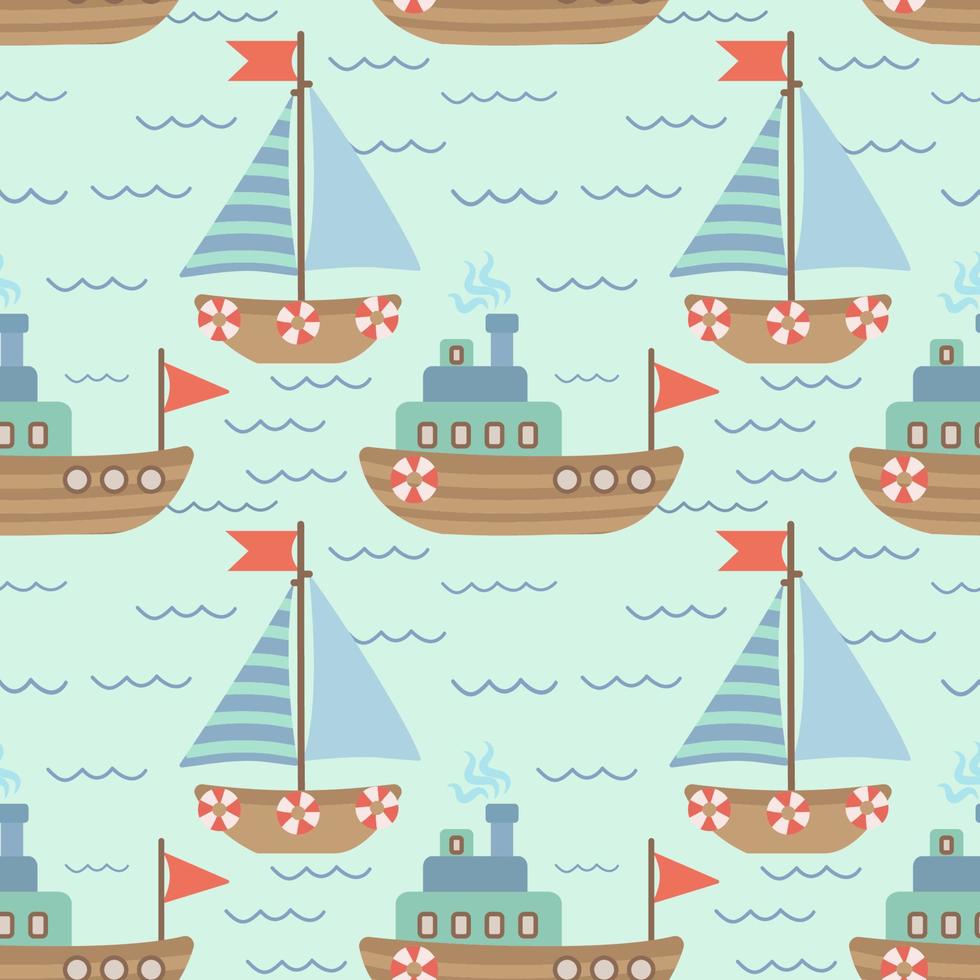 Seamless vector pattern with hand-drawn sailing yachts, ships and the sea wave. Summer bright background for fabric design. Vector illustration.