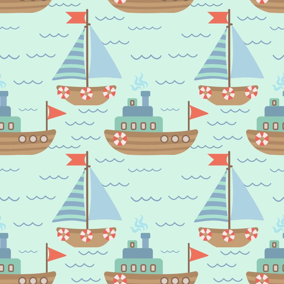 Seamless vector pattern with hand-drawn sailing yachts, ships and the sea wave. Summer bright background for fabric design. Vector illustration.