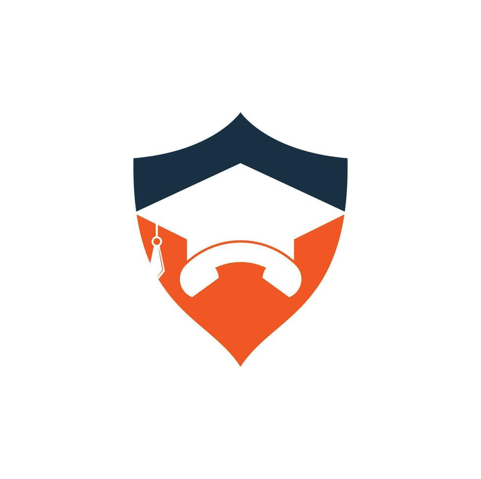 Education Call shield shape concept vector logo design template. Graduation cap and handset icon logo