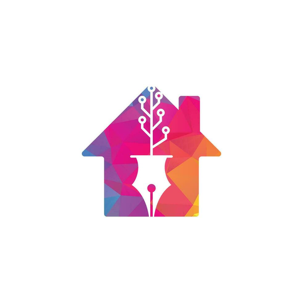 Tech Pen home shape concept Logo design. Tech pen with tech tree logo design template. vector