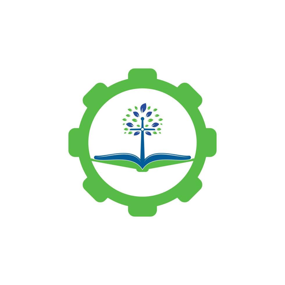 Diseño de logotipo de concepto de forma de engranaje de árbol de iglesia bíblica. diseño del logotipo de la iglesia del árbol cruzado de la biblia vector