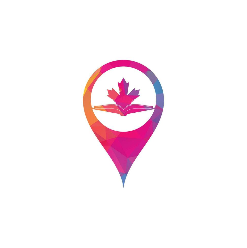 diseño de logotipo de concepto de forma de pin de mapa de educación canadiense. Estudia el diseño del logo de Canadá. diseño del logotipo del libro. libro de arce vector