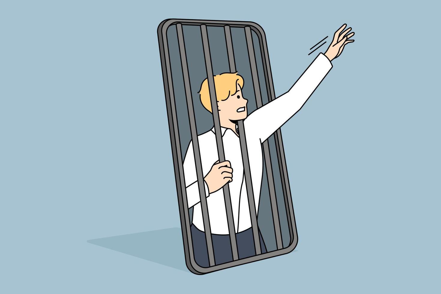 Phone and technologies addiction concept. Young stressed businessman trying to get freedom from smartphone cell feeling slave vector illustration