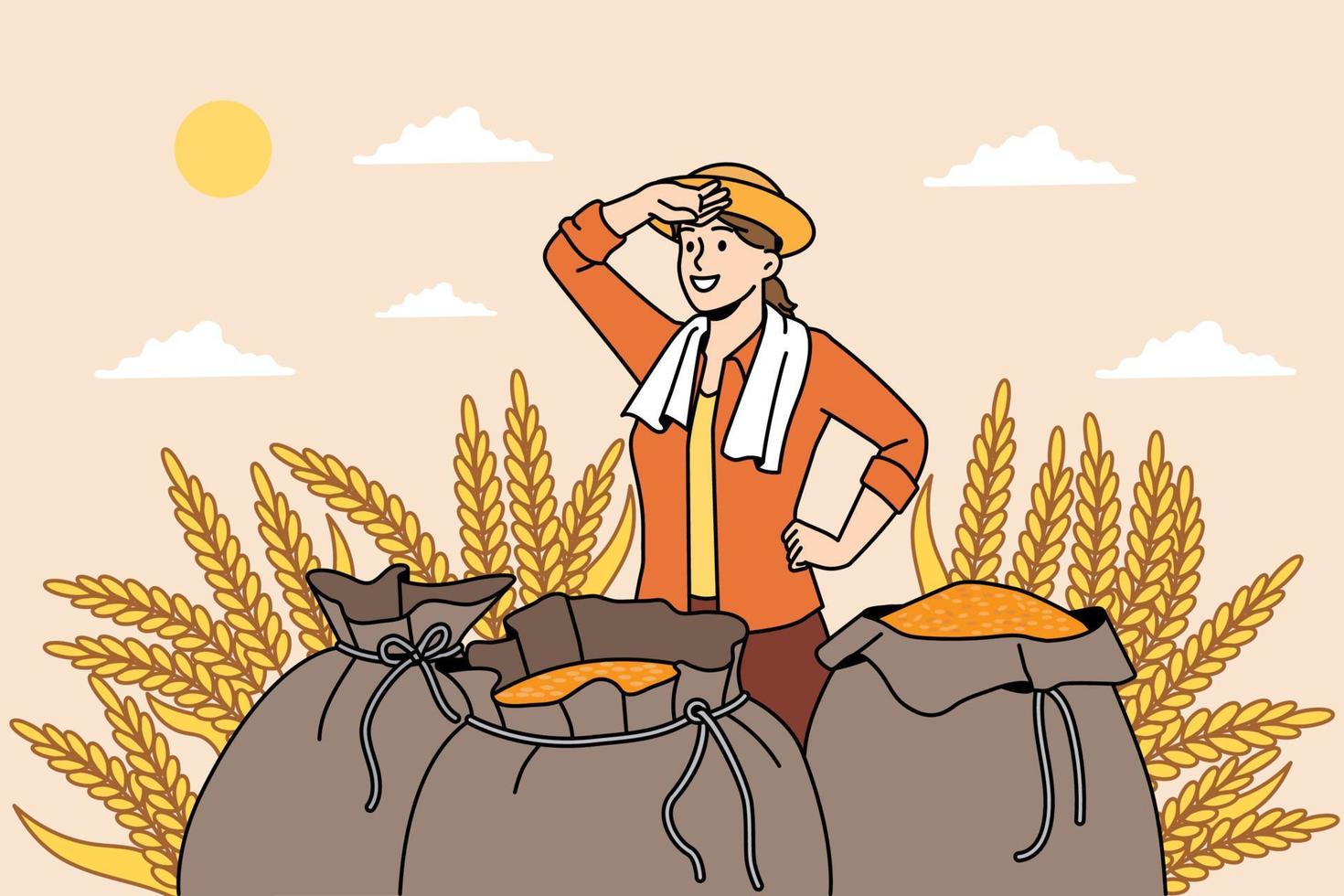 concepto de agricultura y naturaleza. mujer agricultora sonriente parada después de un día de trabajo con sacos llenos de centeno cosechado en la ilustración de vectores de campo