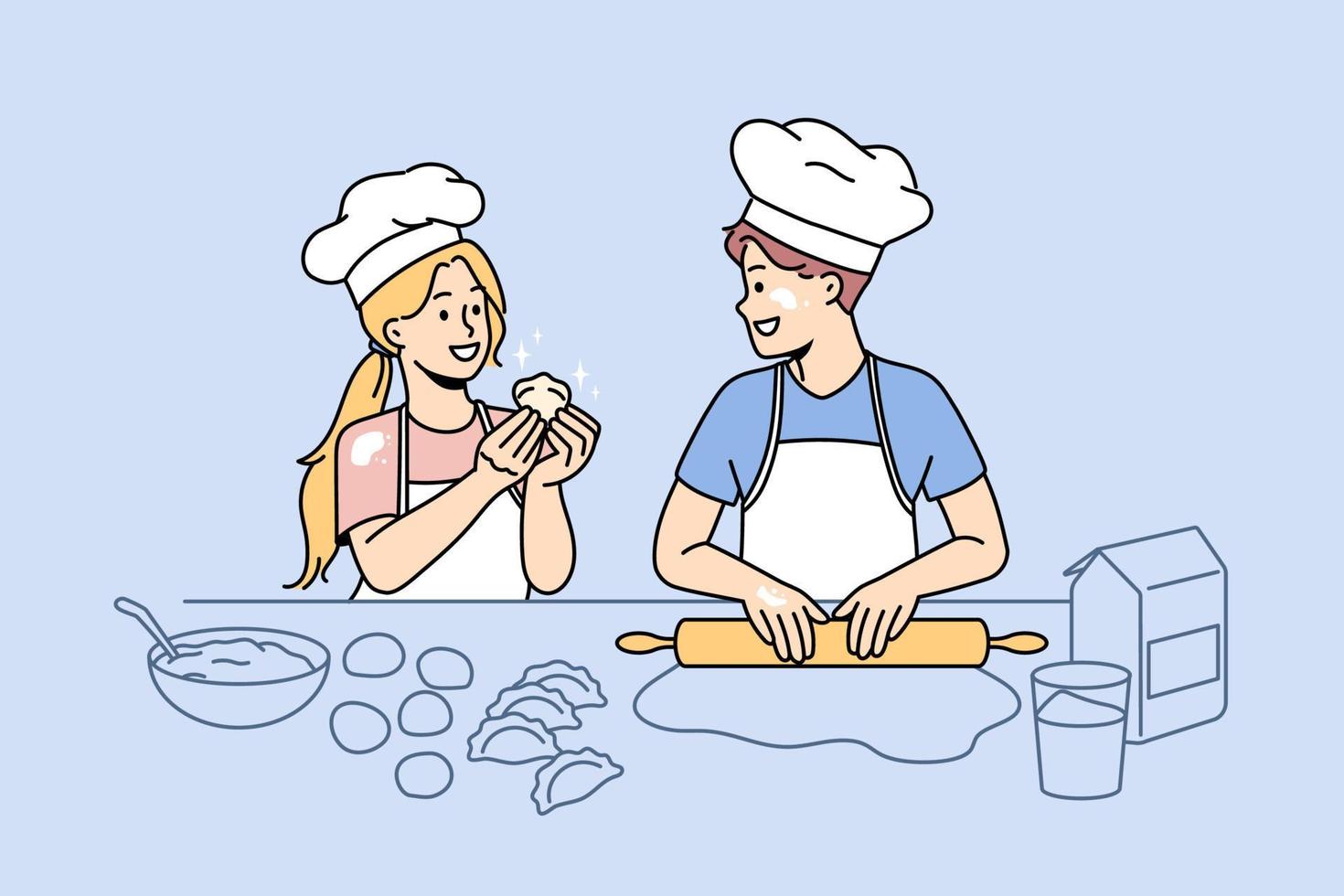 Baking and leisure fun concept. Happy excited children kids standing wearing chef hats cooking baking dumplings together in kitchen vector illustration