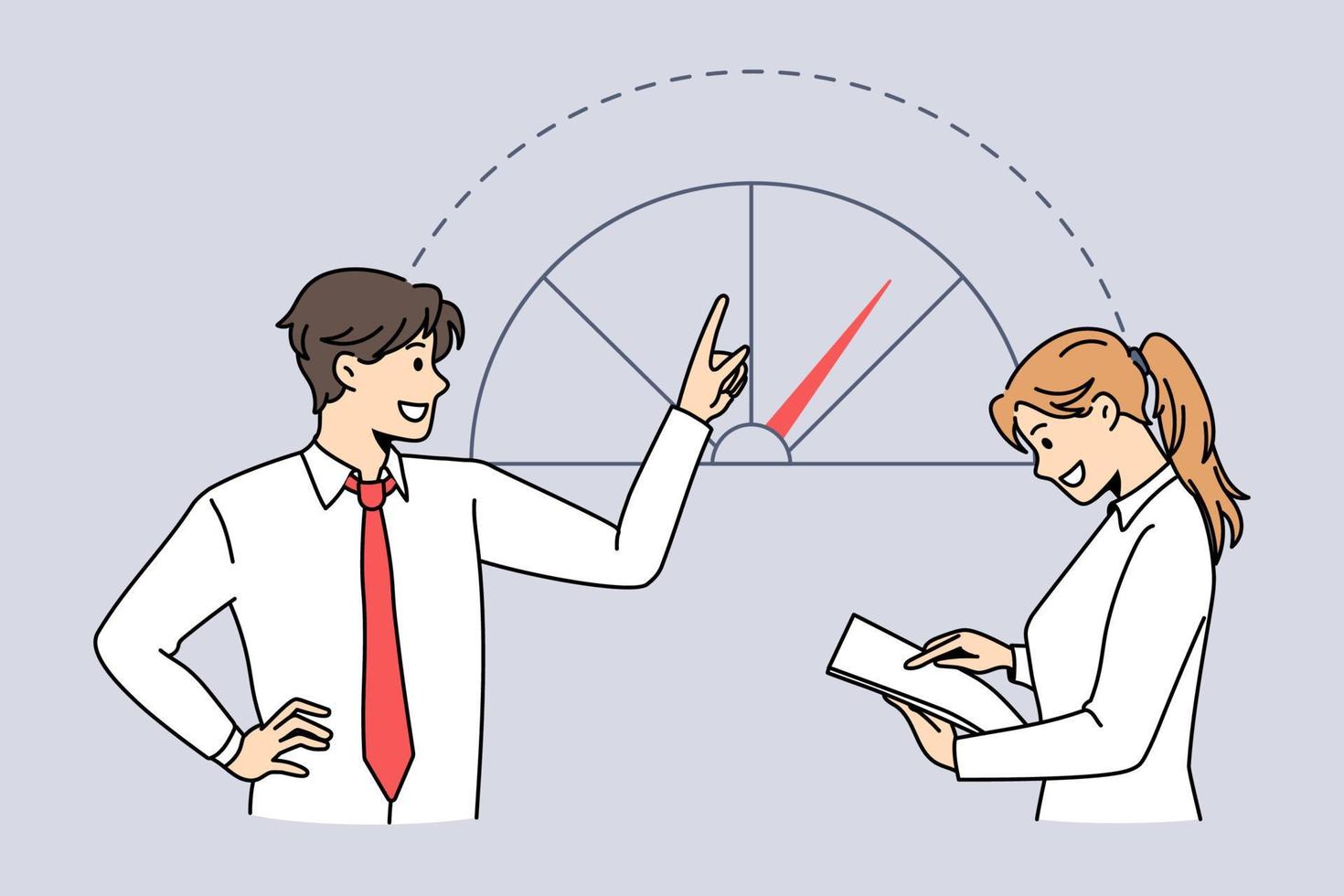 Business development and success concept. Business people colleagues standing discussing developing business meaning success and achieving result vector illustration