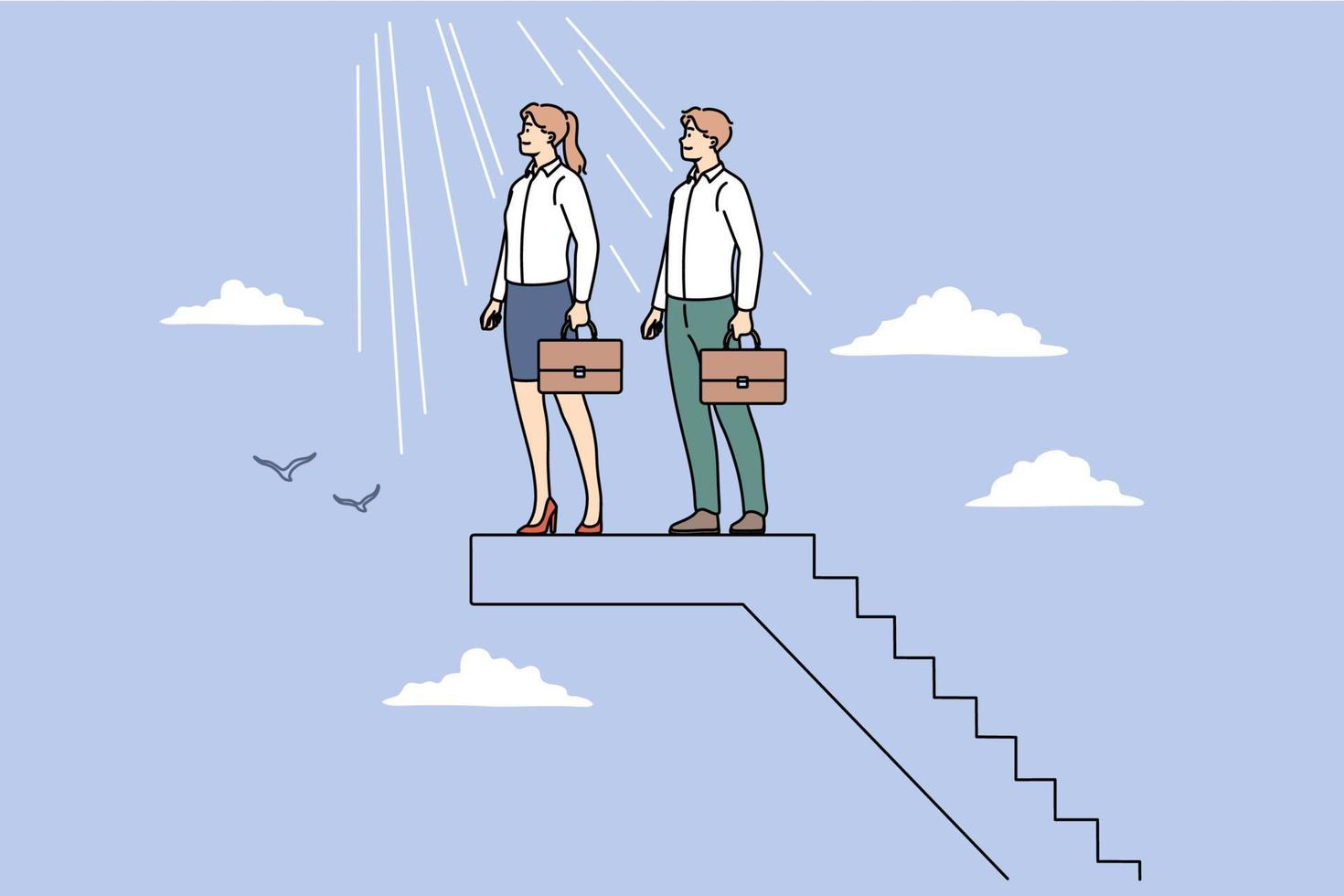 Teamwork business success and collaboration concept. Man and woman partners colleagues teammates standing together on ladder looking in one direction feeling successful vector illustration