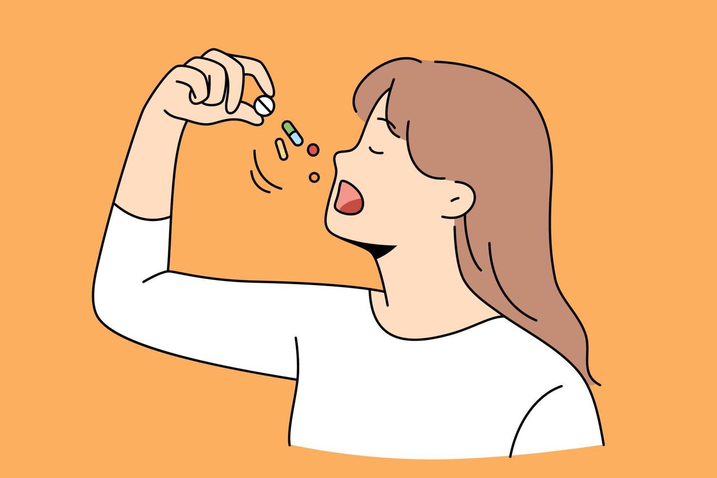 cuidado de la salud y tomar medicamentos concepto de vitaminas. retrato de una joven tomando algunas pastillas o vitaminas para sentirse sana y positiva ilustración vectorial vector