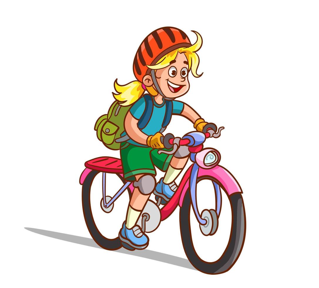 feliz lindo niño niña montando bicicleta sonrisa. niña montando su bicicleta a la escuela vector