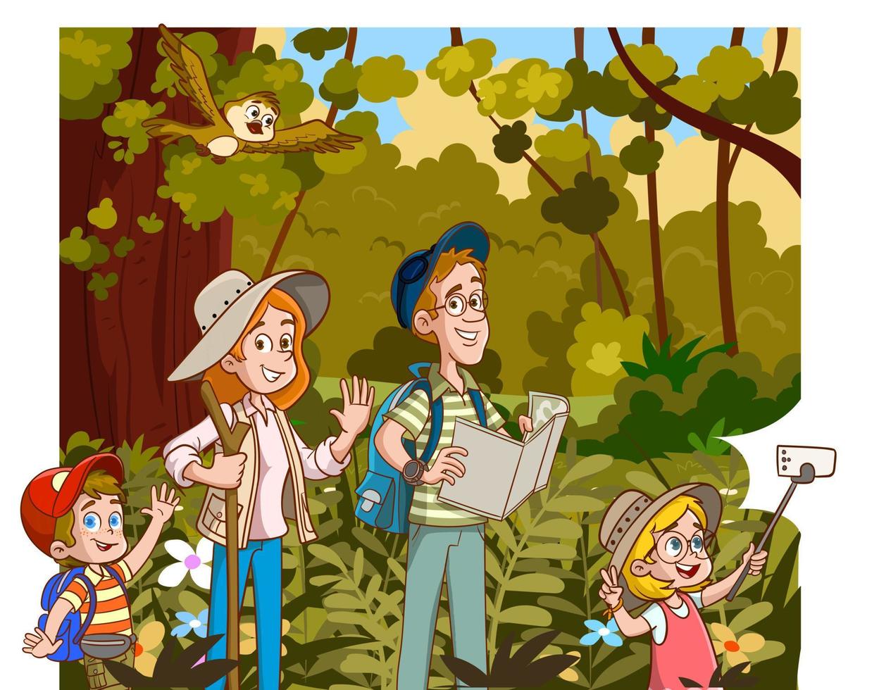 Happy family and walking. Father, mother and children are traveling in the mountains. Hiking in nature. Vector illustration in cartoon style