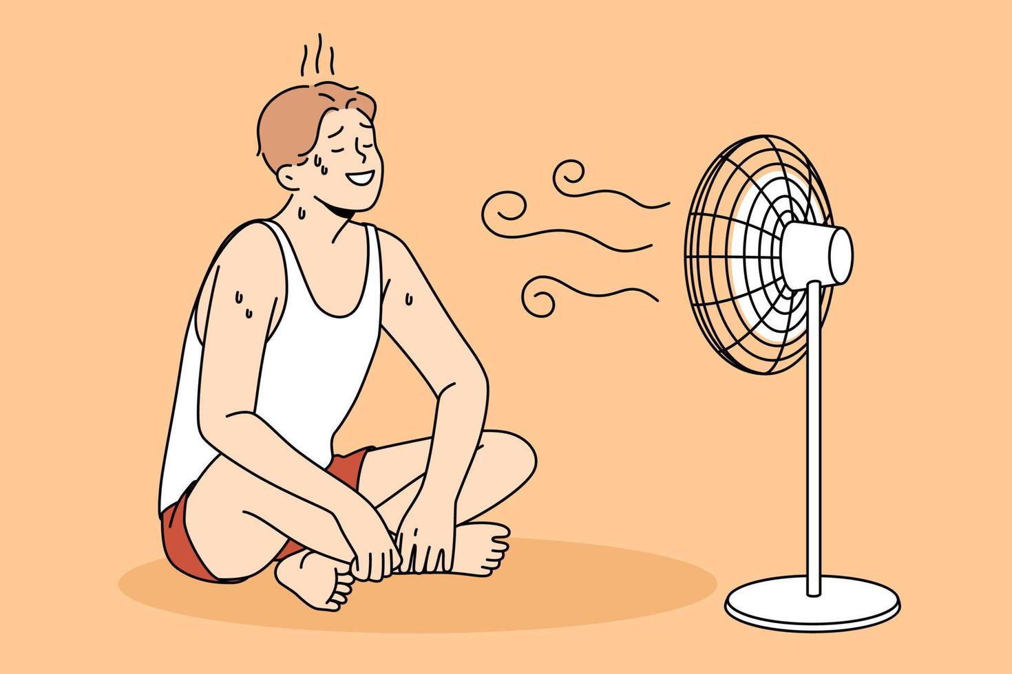 concepto de sudoración y aire de refrigeración. joven positivo en ropa deportiva sentado en el suelo sudando y disfrutando del trabajo en la ilustración del vector del viento del ventilador de aire