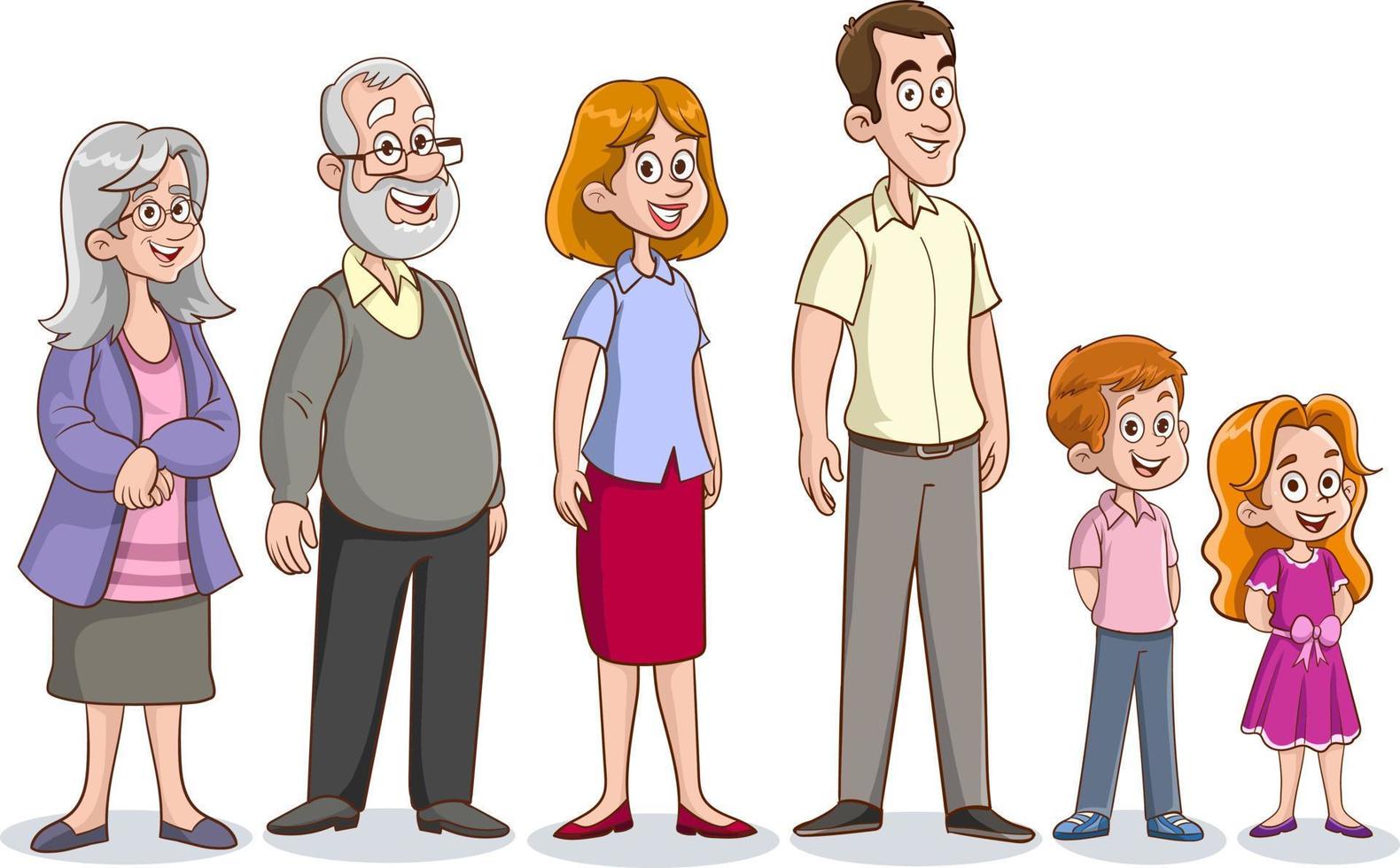 personajes de dibujos animados en diferentes edades.familia extendida.ilustración de una gran familia extendida sobre un fondo blanco.ilustración vectorial. vector