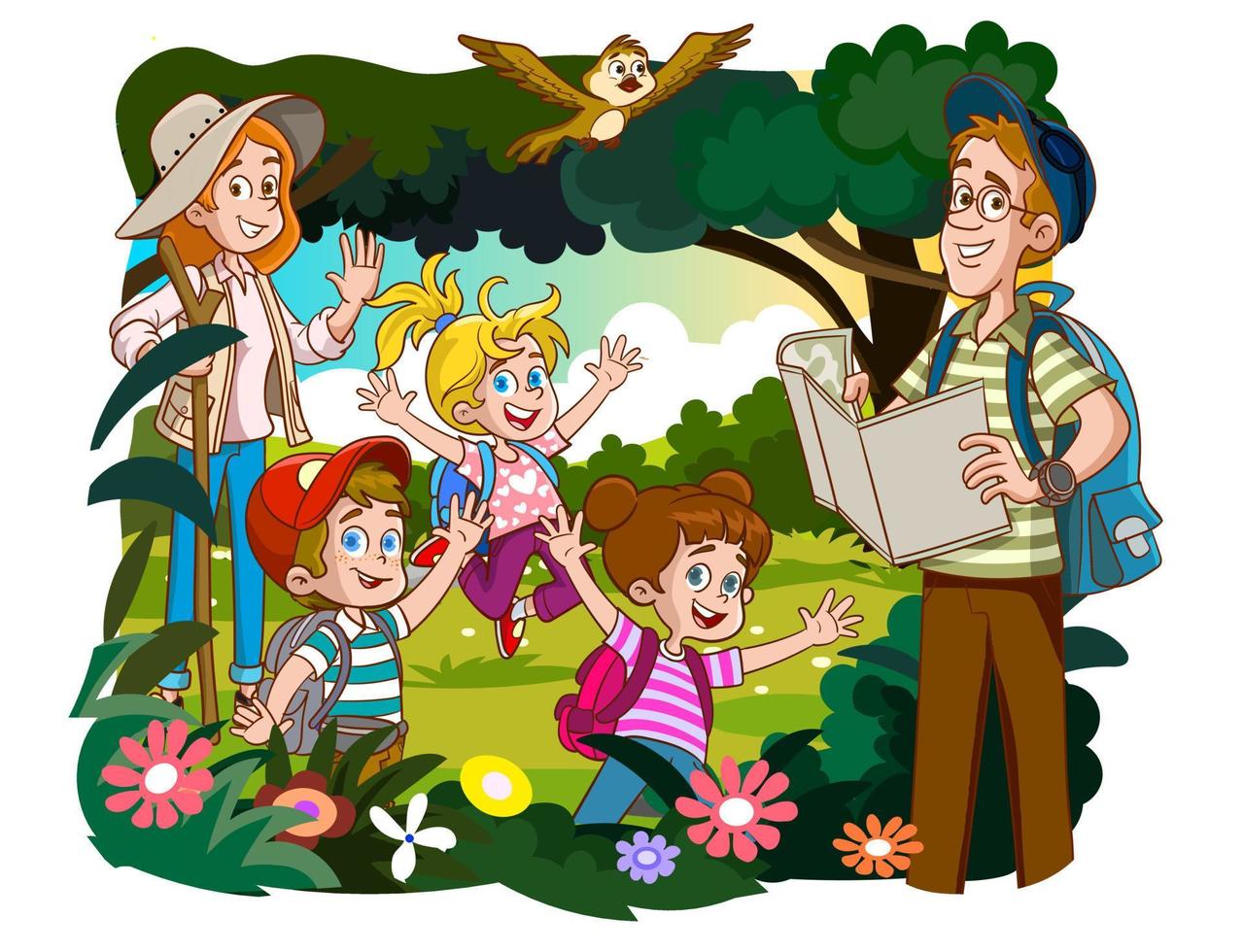 Happy family and walking. Father, mother and children are traveling in the mountains, forest. Hiking in nature. Vector illustration in cartoon style