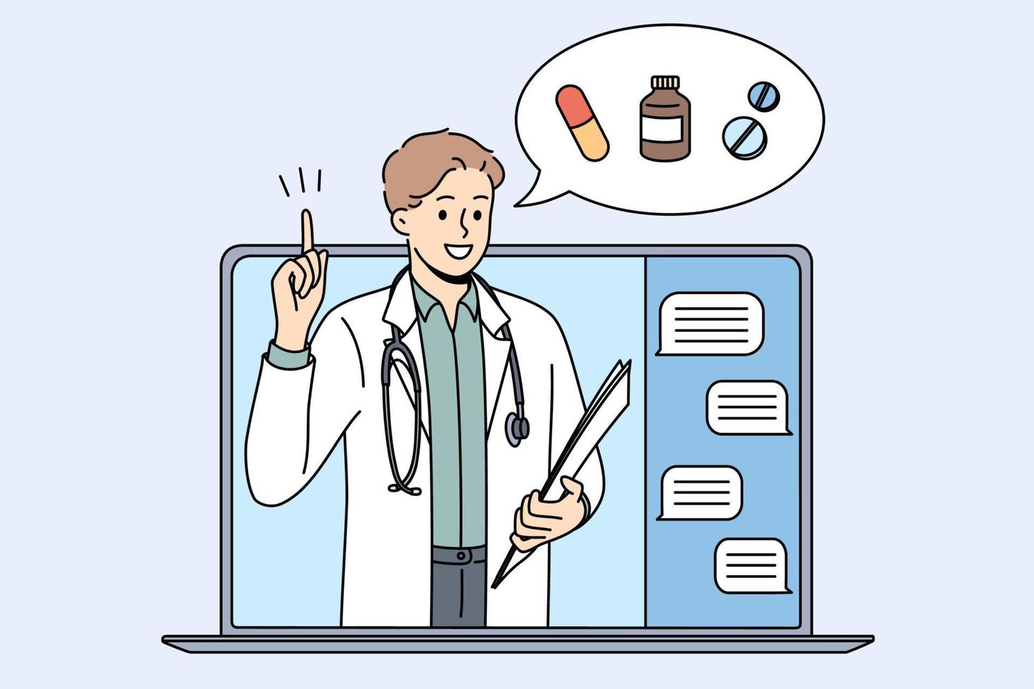 Online drugstore and pharmacy concept. Young smiling doctor pharmacist standing and showing pointing at drugs treatment online from laptop screen vector illustration