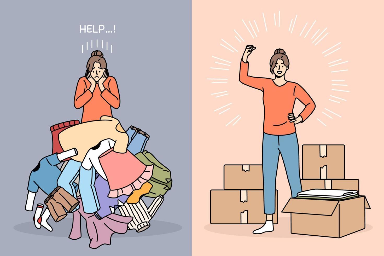 Tiding up and packing concept. Stressed frustrated girl with messy much clothes asking for help and strong one feeling positive with packed boxes vector illustration