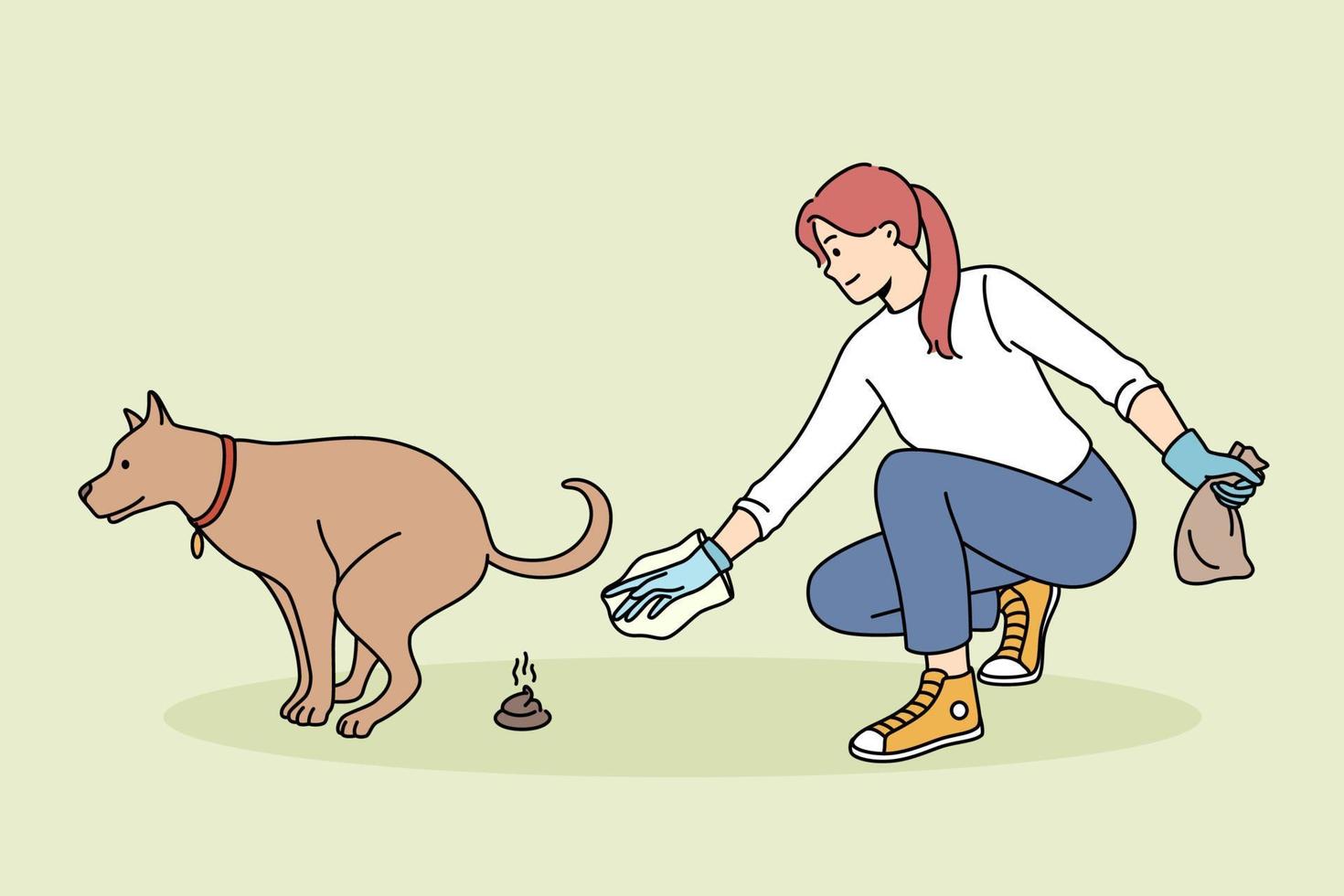 cuidar las mascotas y el concepto de medio ambiente. mujer joven limpiando el suelo de la caca de su perro en guantes con una bolsa pensando en la ilustración del vector ambiental