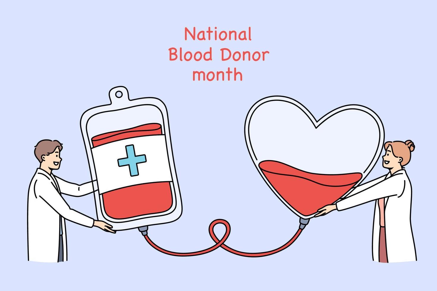 National blood donor month concept. Positive young doctors man and woman standing and holding heart and donation box for blood in hands with lettering above vector illustration