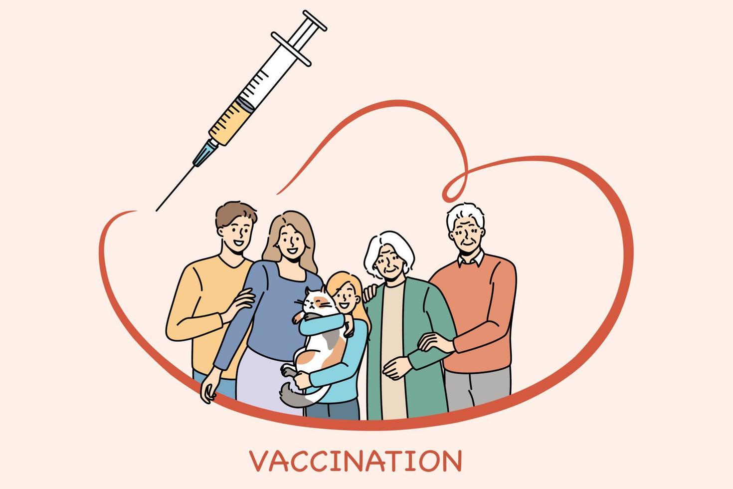 concepto de vacunación y protección médica. familia con niños padres y abuelos de pie todos juntos y sintiéndose protegidos con jeringa y ilustración de vector de vacunación