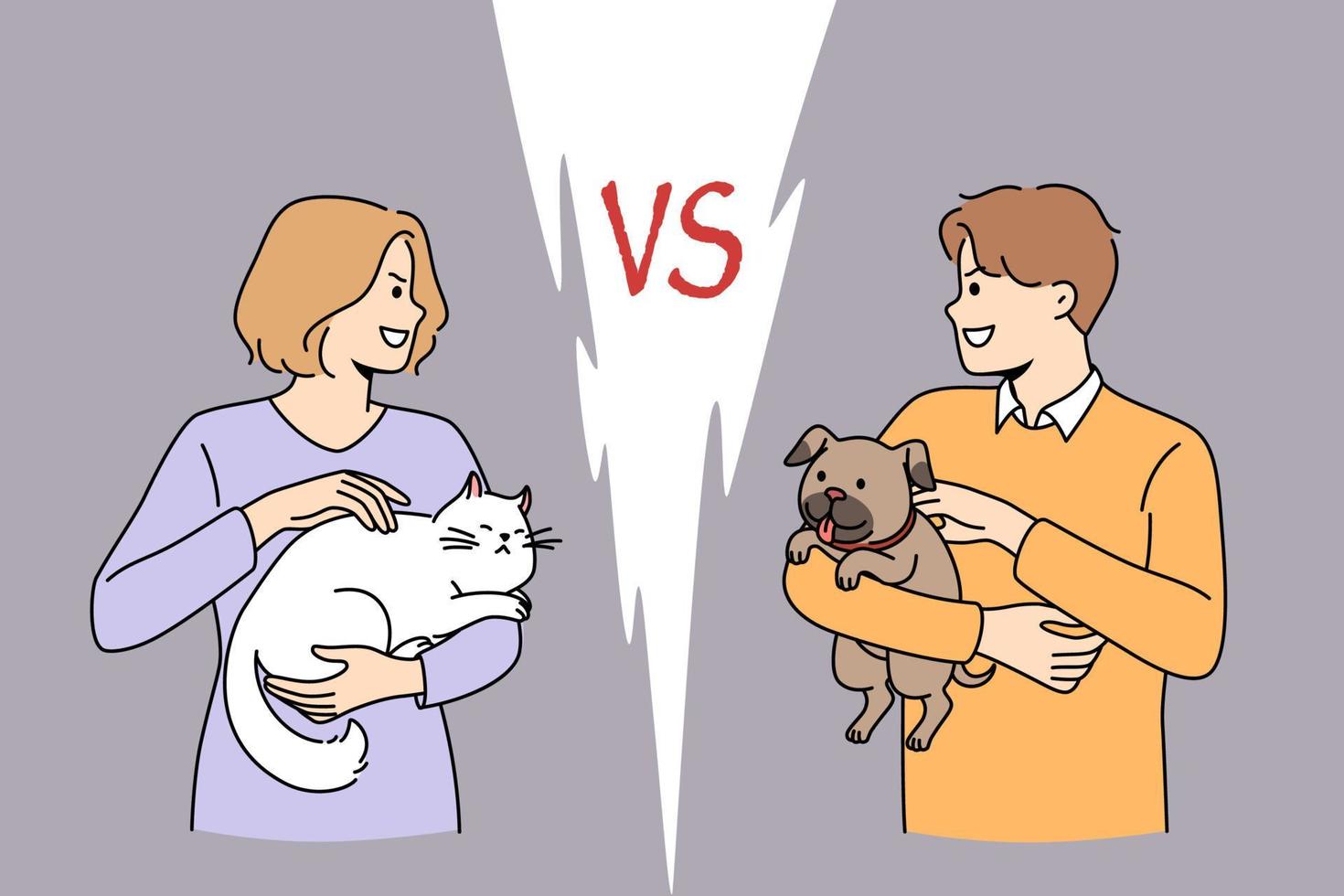 Cat or dog love concept. Young smiling woman with white cat standing opposite positive man holding puppy dog on hands looking at each other vector illustration