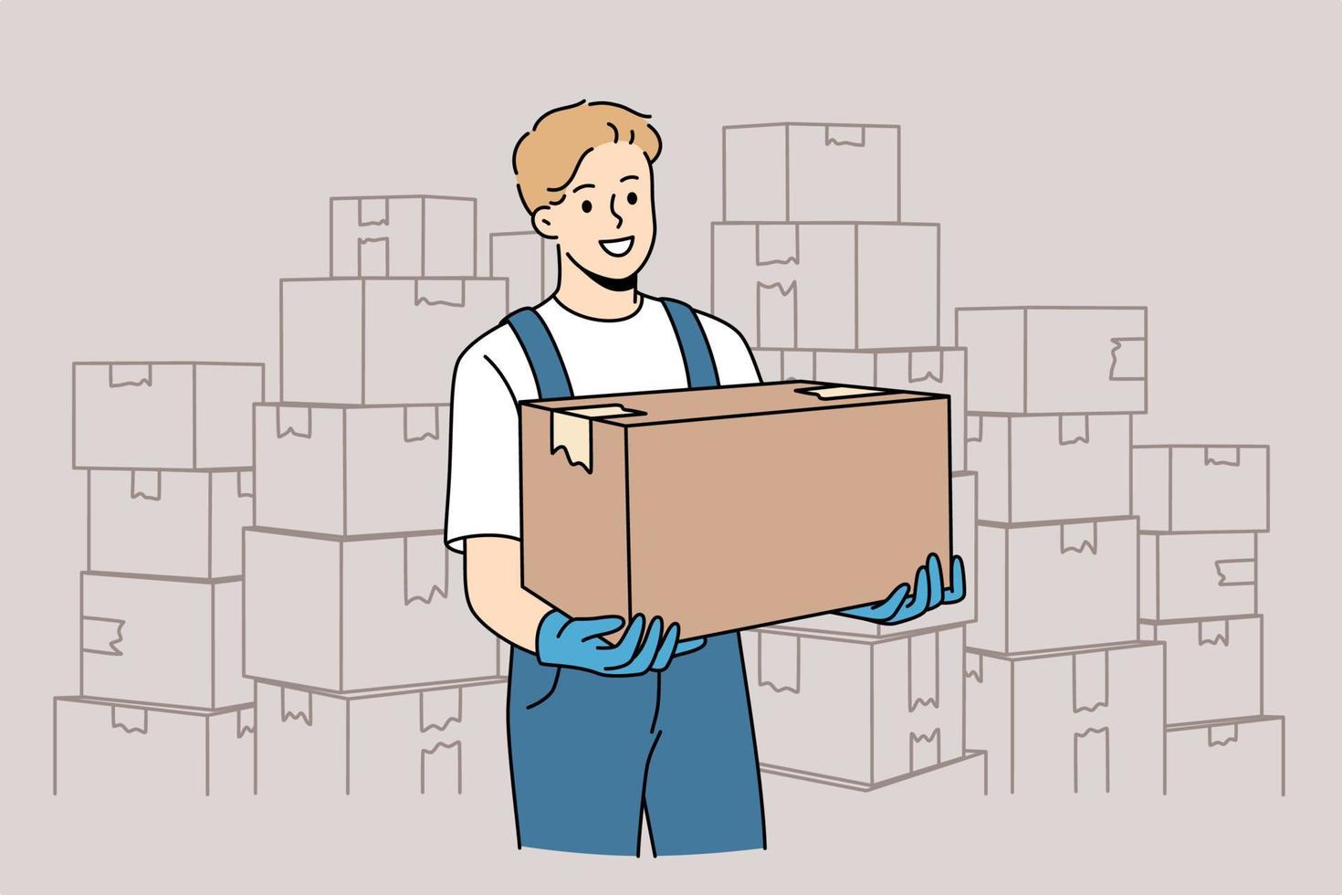 Parcel delivery and post service concept. Smiling man worker in uniform standing with heap of parcels boxes delivery transportation carrying to customer vector illustration