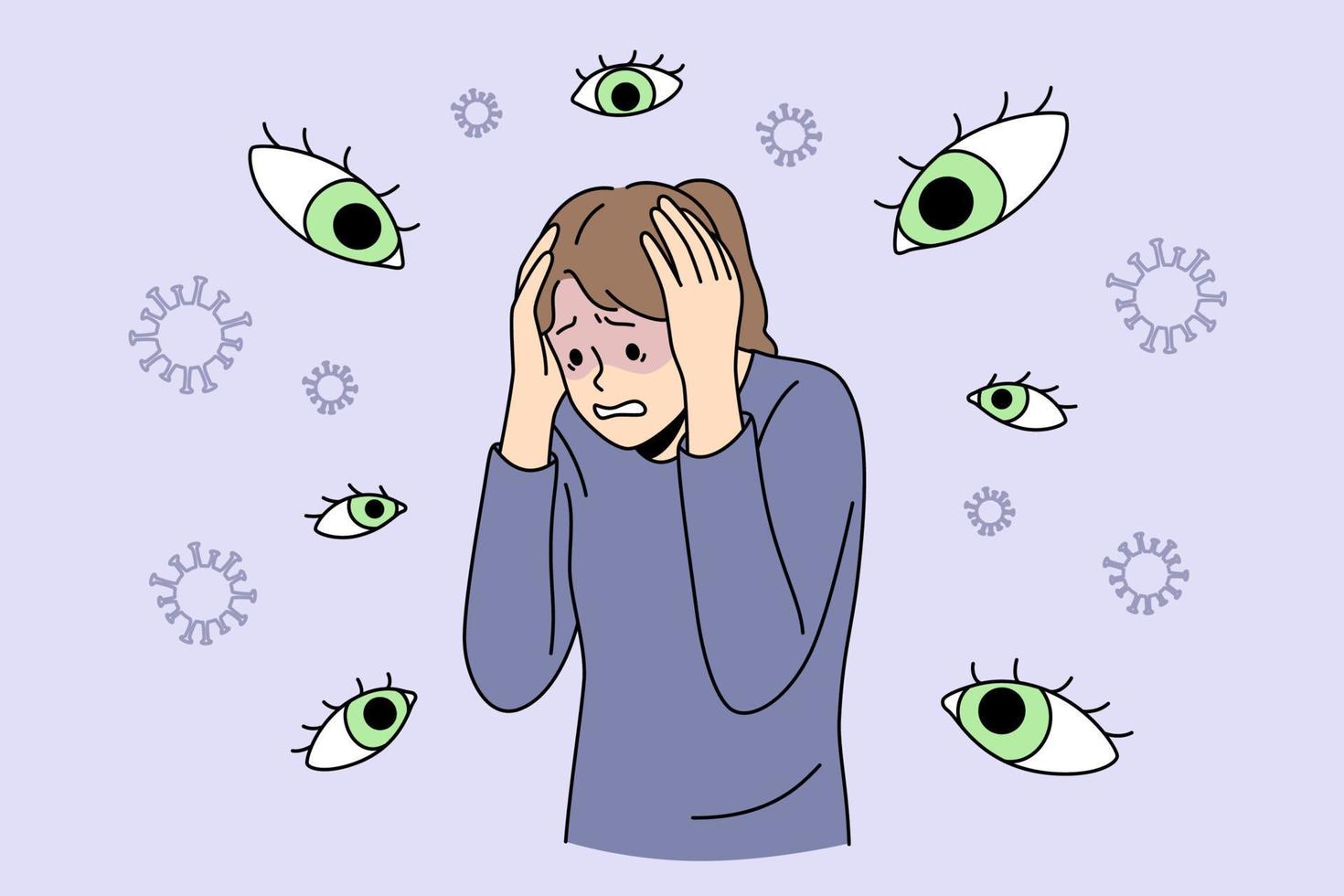 concepto de pánico de persecución y miedos internos. joven mujer estresada de pie sintiendo ojos invisibles a su alrededor sintiendo pánico y problemas nerviosos ilustración vectorial vector