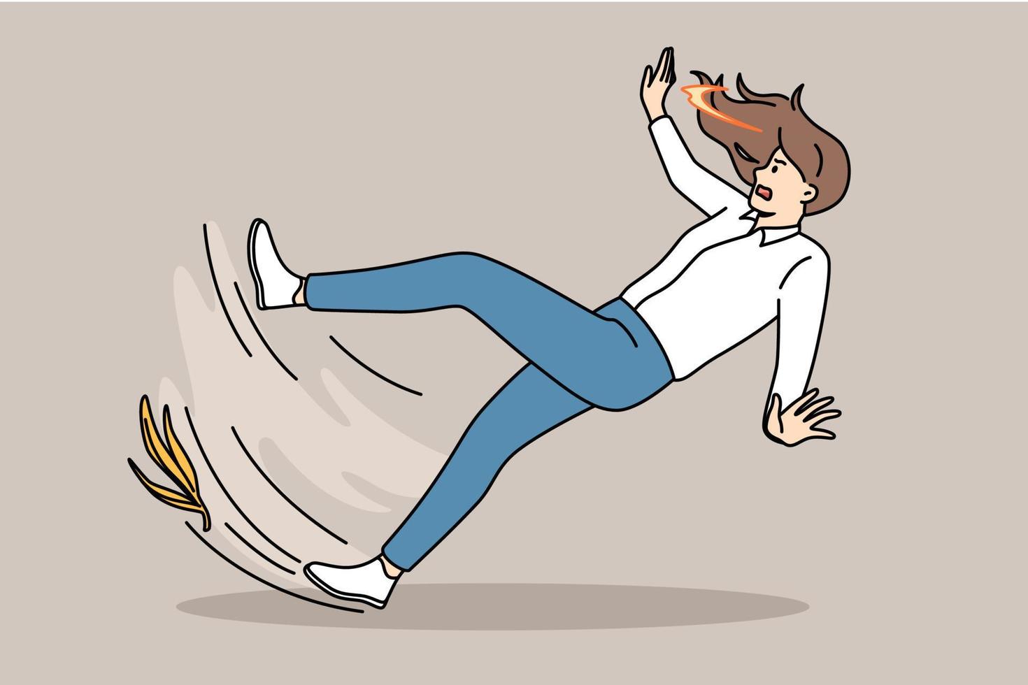 Accident and slippery floor concept. Frustrated stressed woman falling down with banana shelf at her foot suddenly falling vector illustration