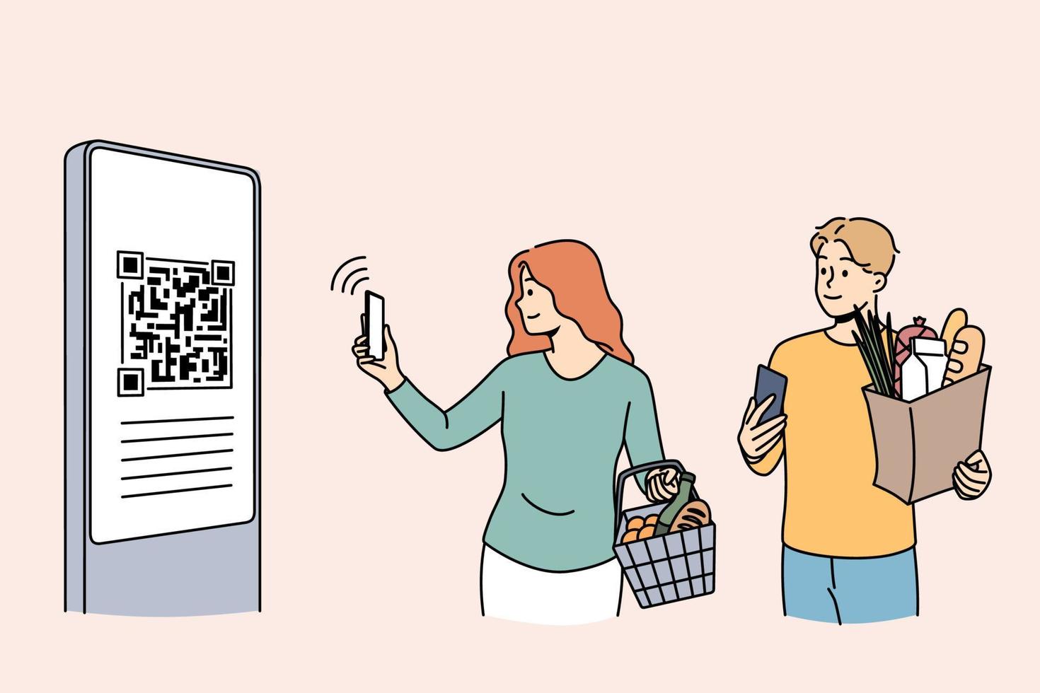 Online payment and qr code concept. Young couple standing holding bags with food paying online with smartphone on qr code vector illustration