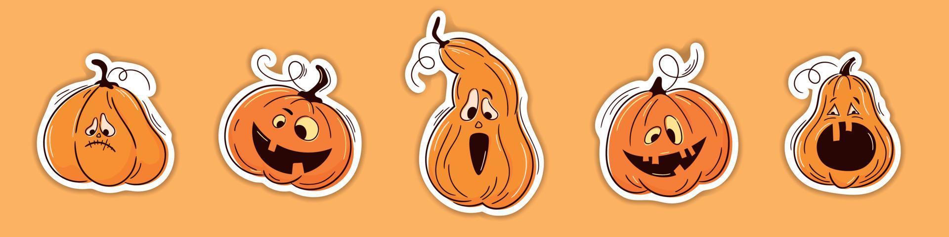Halloween vector stickers set. One line hand drawn Halloween emoticon pumpkins. Jack o Lantern. Funny faces isolated on white, cute pumpkins. Doodles for logo, poster, emblem