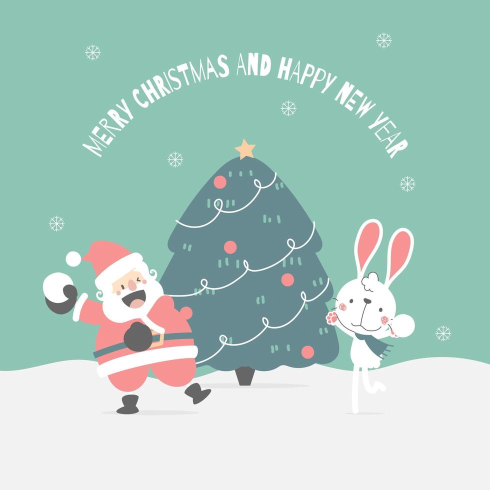 merry christmas and happy new year with cute santa claus and white bunny rabbit in the winter season green background, flat vector illustration cartoon character costume design