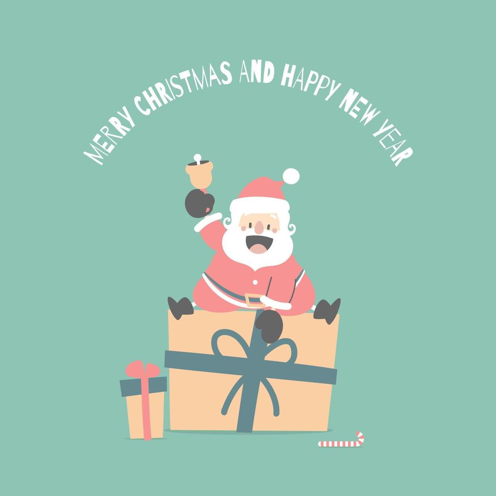 merry christmas and happy new year with cute santa claus and present gift in the winter season green background, flat vector illustration cartoon character costume design