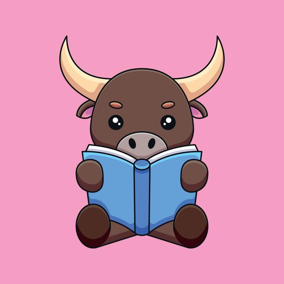 lindo toro leyendo libro dibujos animados mascota doodle arte dibujado a mano concepto vector kawaii icono ilustración