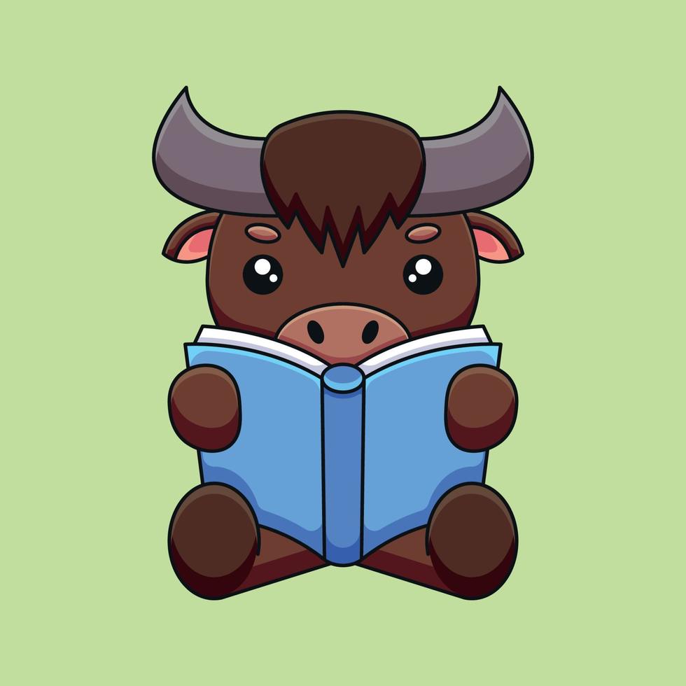 lindo búfalo leyendo libro caricatura mascota garabato arte dibujado a mano concepto vector kawaii icono ilustración