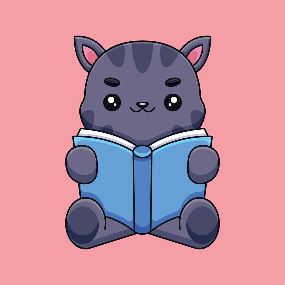 cute cat reading book cartoon mascot doodle art hand drawn concept vector kawaii icon illustration