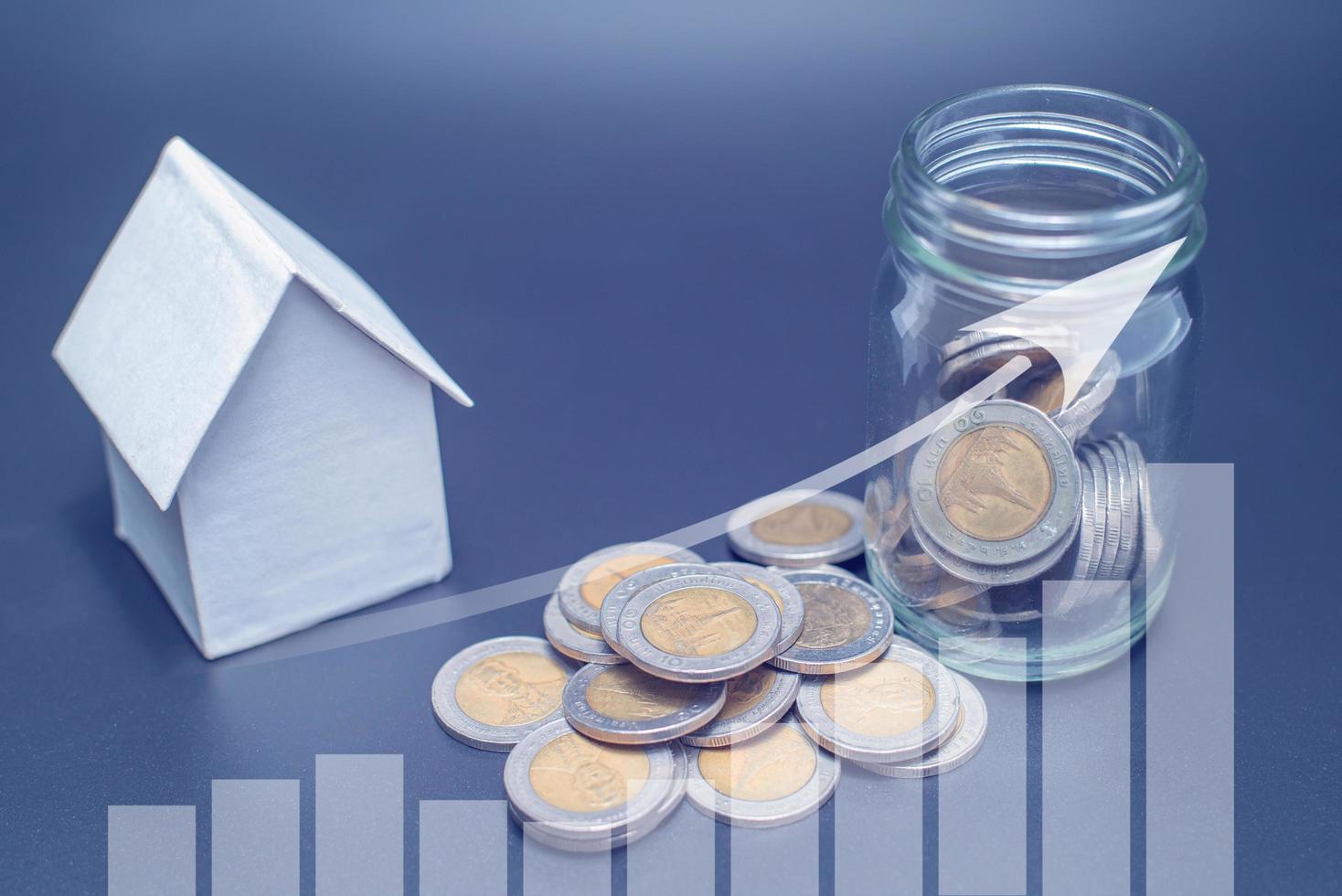 Double exposure of Thailand coins on black background with jar, house model and profit graph photo