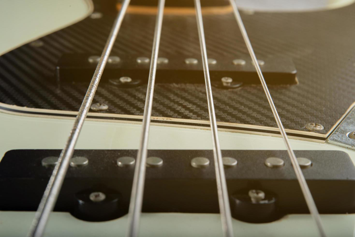 Close up guitar bass string details , four iron strings, white and black color photo