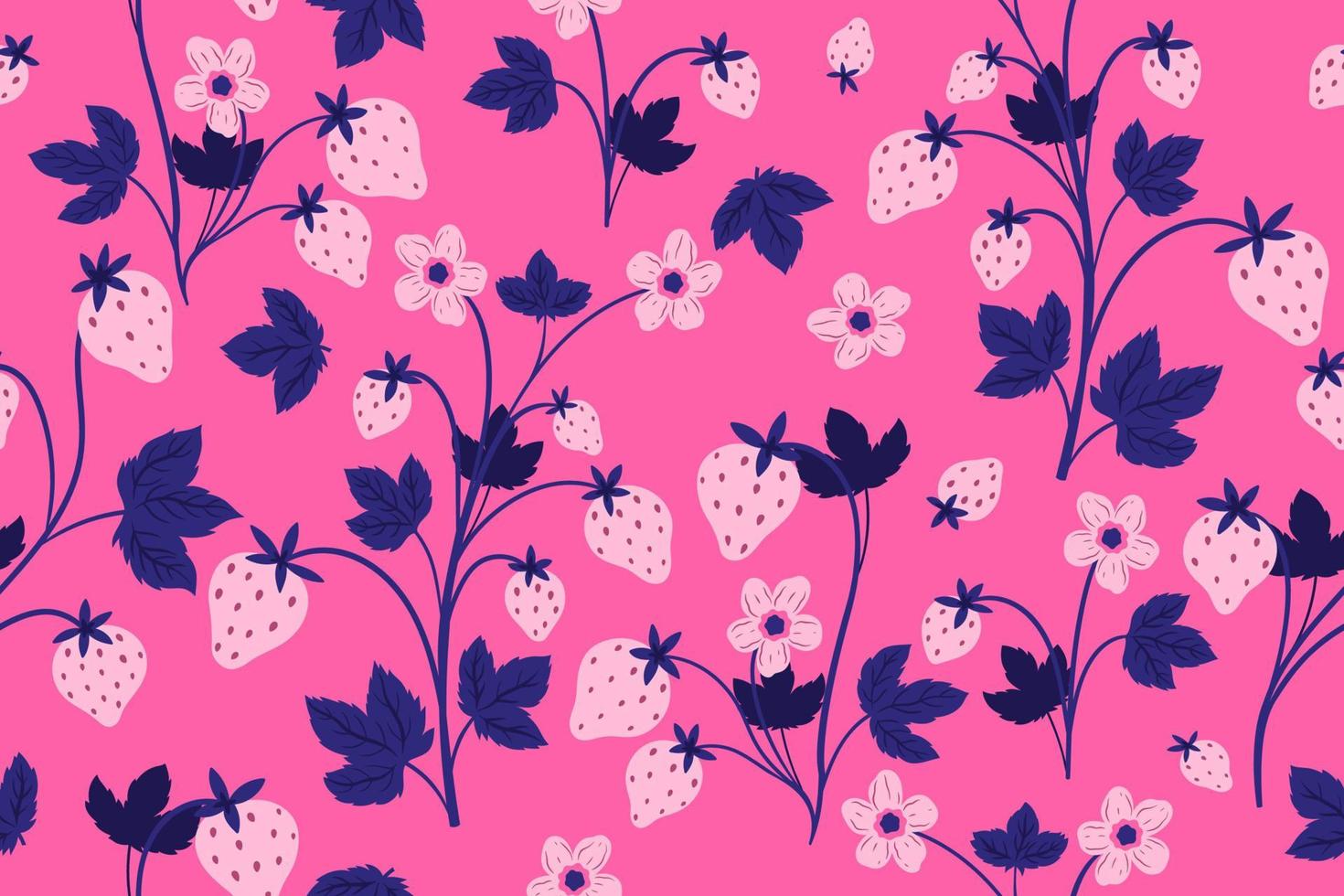 Seamless pattern with strawberries, flowers and leaves on a pink background. Vector graphics.