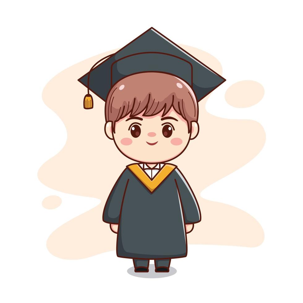 feliz graduación chico guapo con toga y birrete ilustración de personaje de dibujos animados lindo kawaii chibi vector