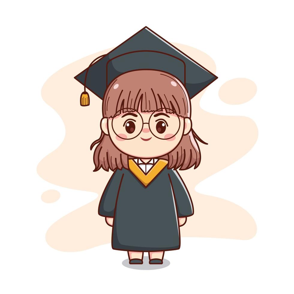 feliz graduación chica de pelo corto con gorra, vestido y gafas ilustración de personaje de dibujos animados lindo kawaii chibi vector