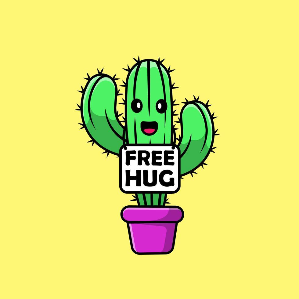 Cute Cactus With Free Hug Board Cartoon Vector Icons Illustration. Flat Cartoon Concept. Suitable for any creative project.