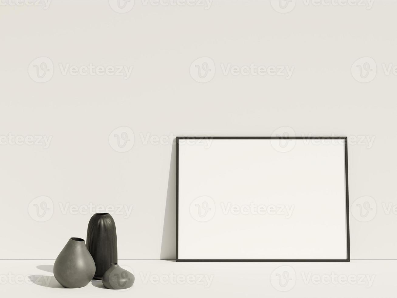 Clean and minimalist front view horizontal black photo or poster frame mockup leaning against the wall with vase. 3d rendering.