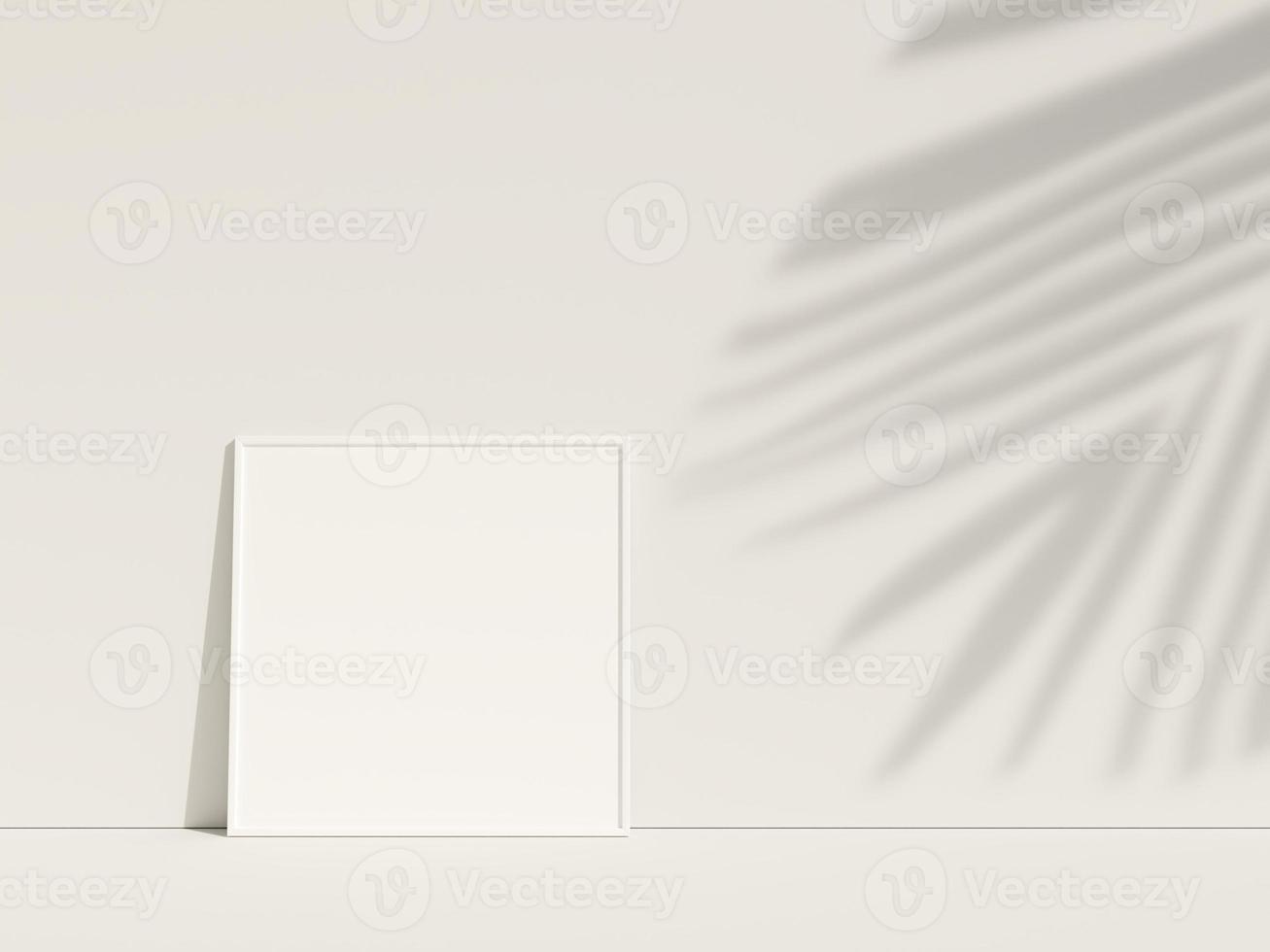 Clean and minimalist front view square white photo or poster frame mockup leaning against the wall with leaf shadow. 3d rendering.