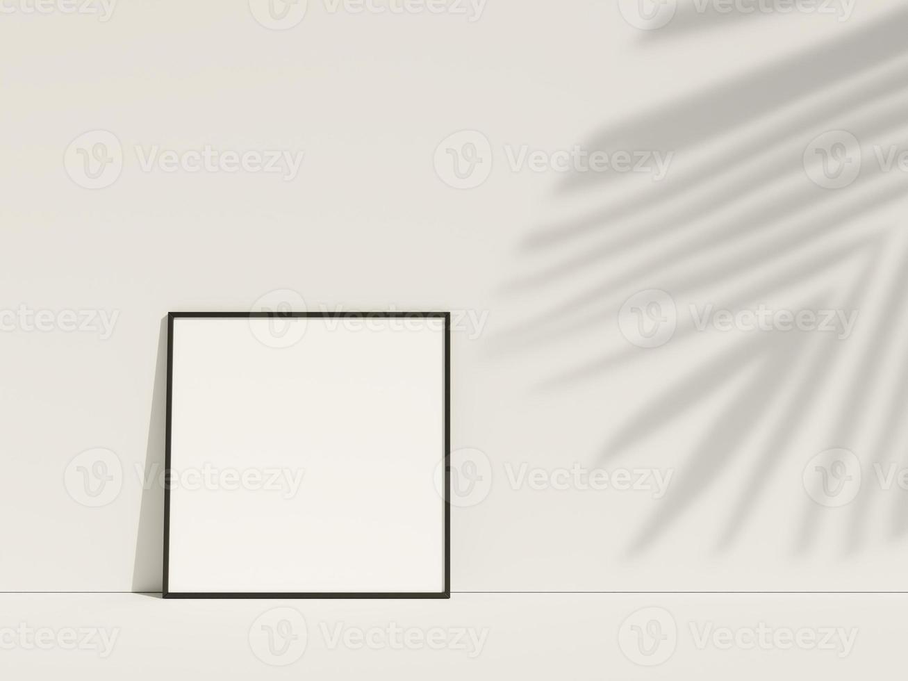 Clean and minimalist front view square black photo or poster frame mockup leaning against the wall with leaf shadow. 3d rendering.